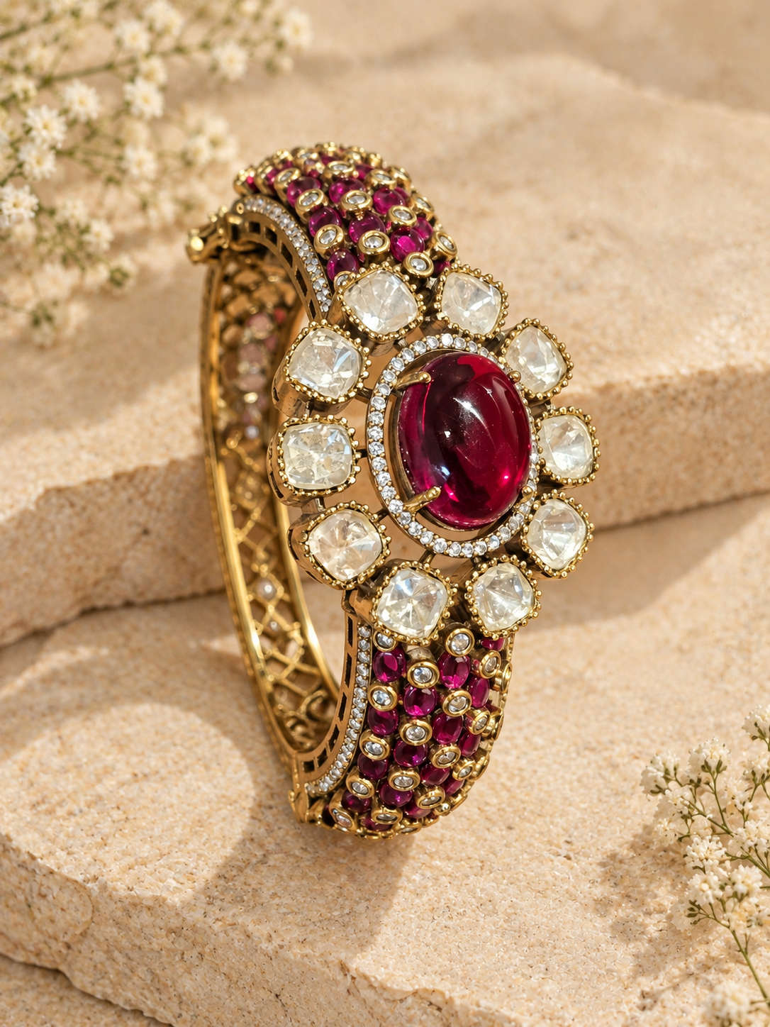 Openable antique gold plated kada with red Pota stone, dark pink magenta stones, Kundan and AD detailing