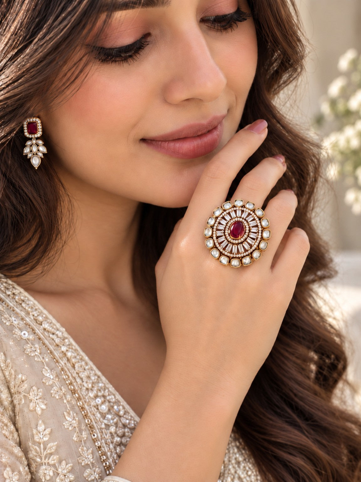 Model wearing red Moissanite Polki Kundan adjustable statement ring