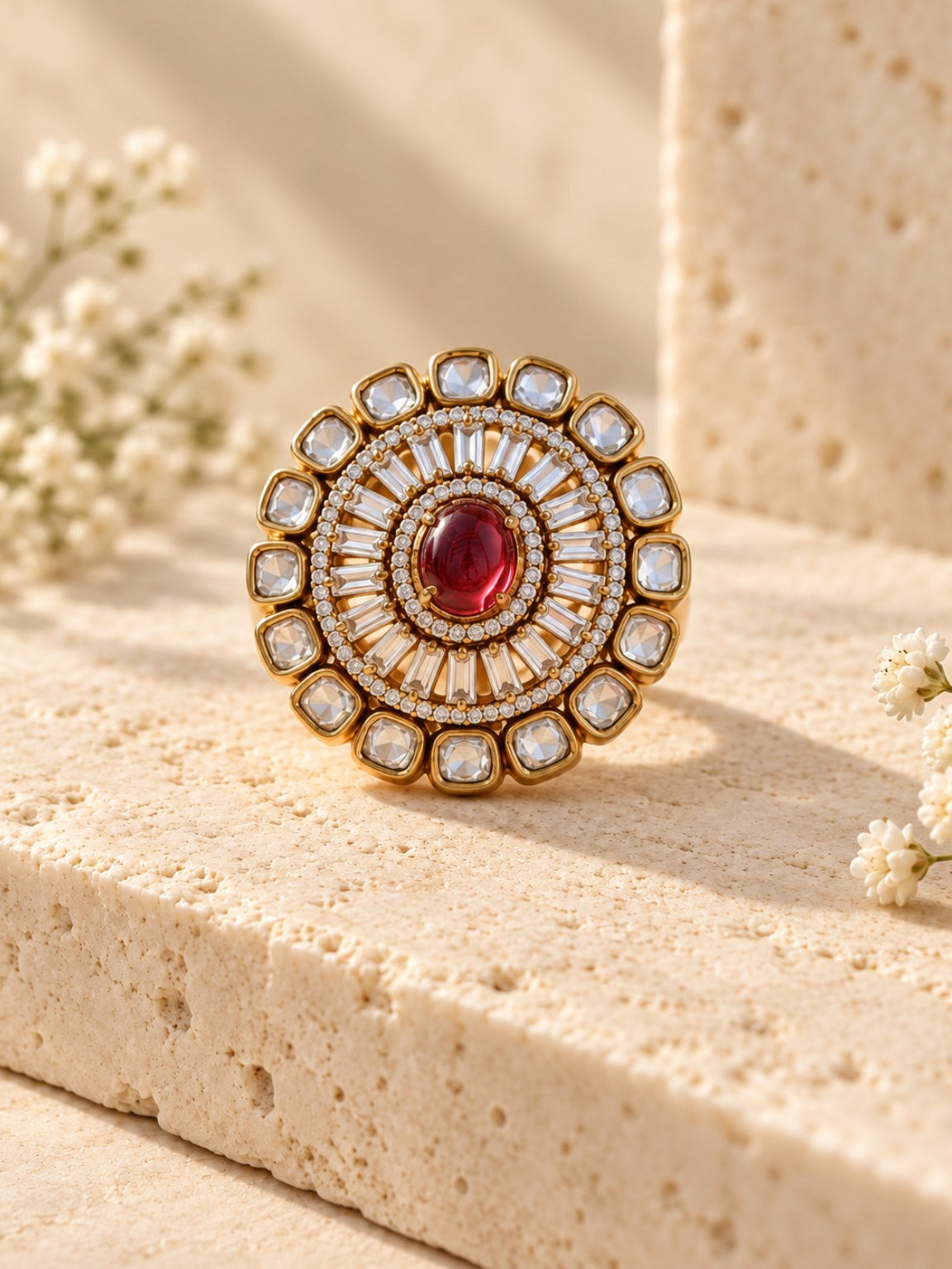 Red Moissanite Polki Kundan adjustable ring with center stone and AD detailing on beige stone background