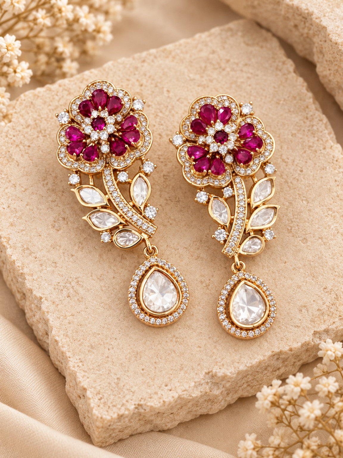 Matching ruby floral Moissanite Polki gold-plated drop earrings