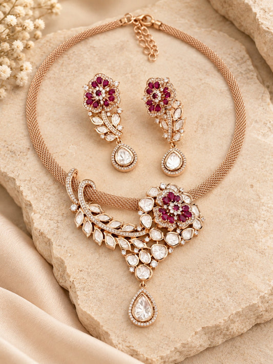 Ruby floral Moissanite Polki gold-look necklace set with matching earrings