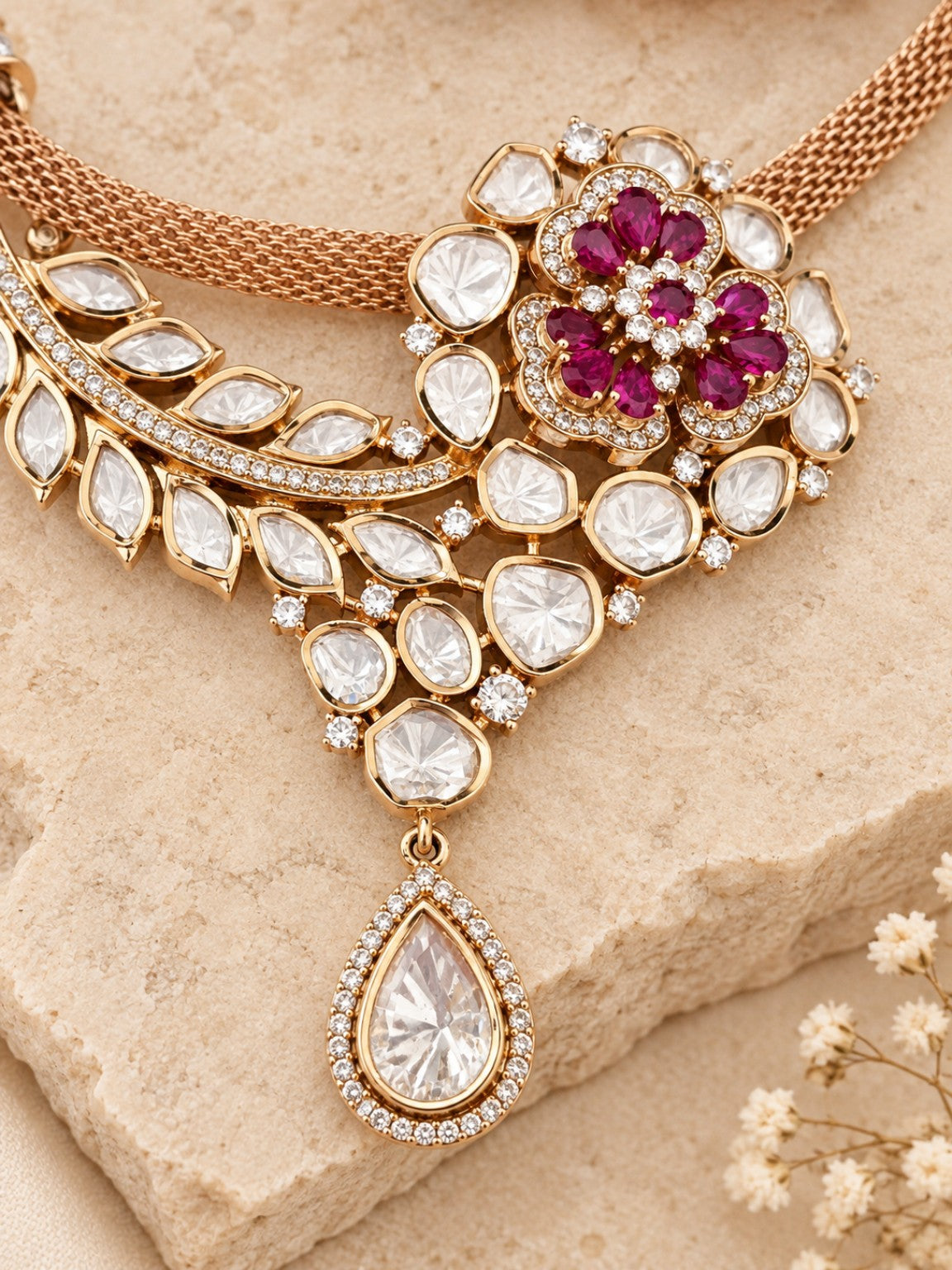 Close-up of ruby floral Moissanite Polki gold-plated necklace pendant
