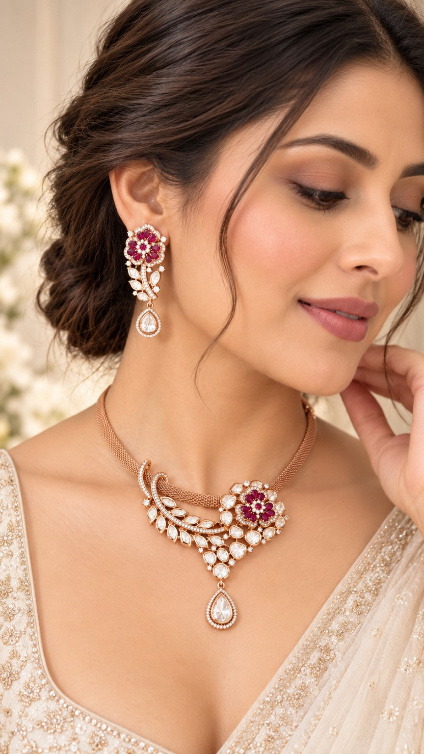 Model wearing ruby floral Moissanite Polki gold-look necklace and earrings