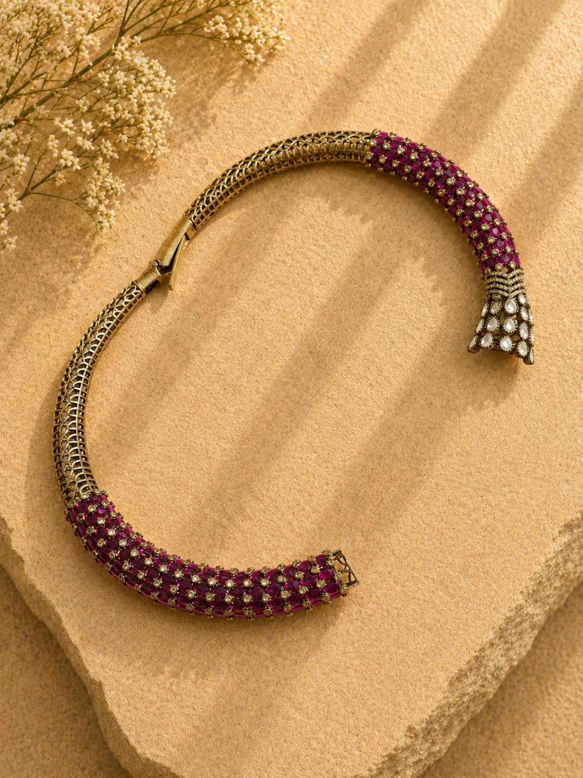 Expandable opening detail of ruby pink Moissanite Polki Kundan statement necklace