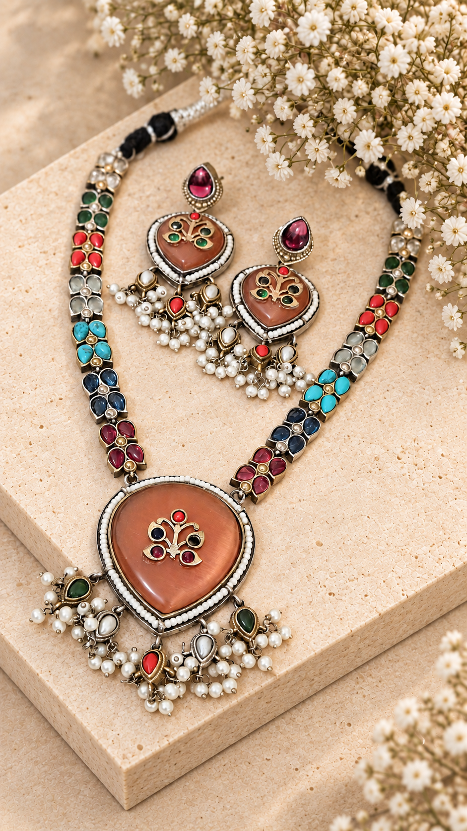 Silver Look Alike Monalisa Stone Necklace Set, Peach Orange colour, on beige square stone with small white flowers.