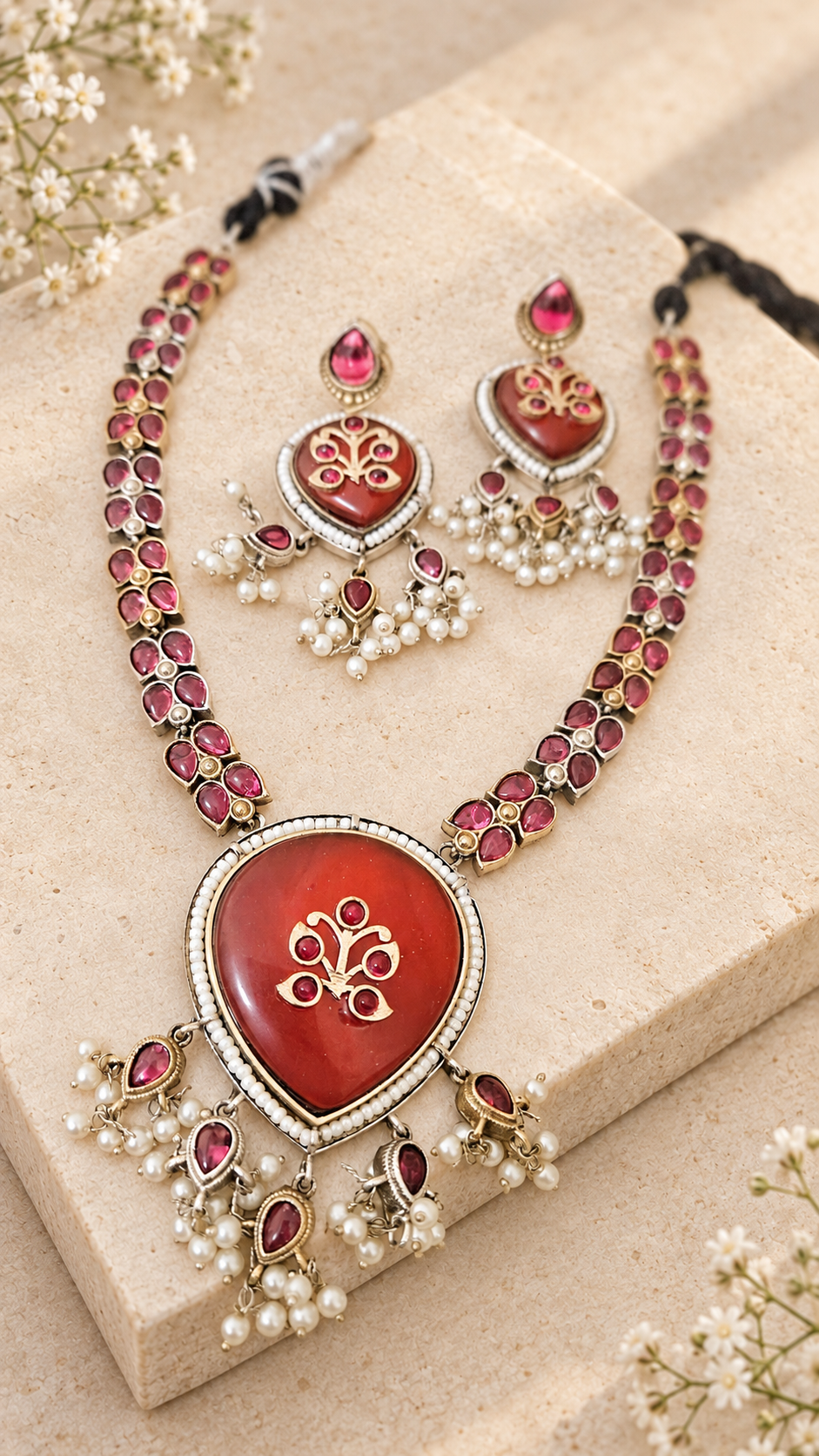 Red Monalisa necklace and matching earrings with white bead fringes on beige square stone.