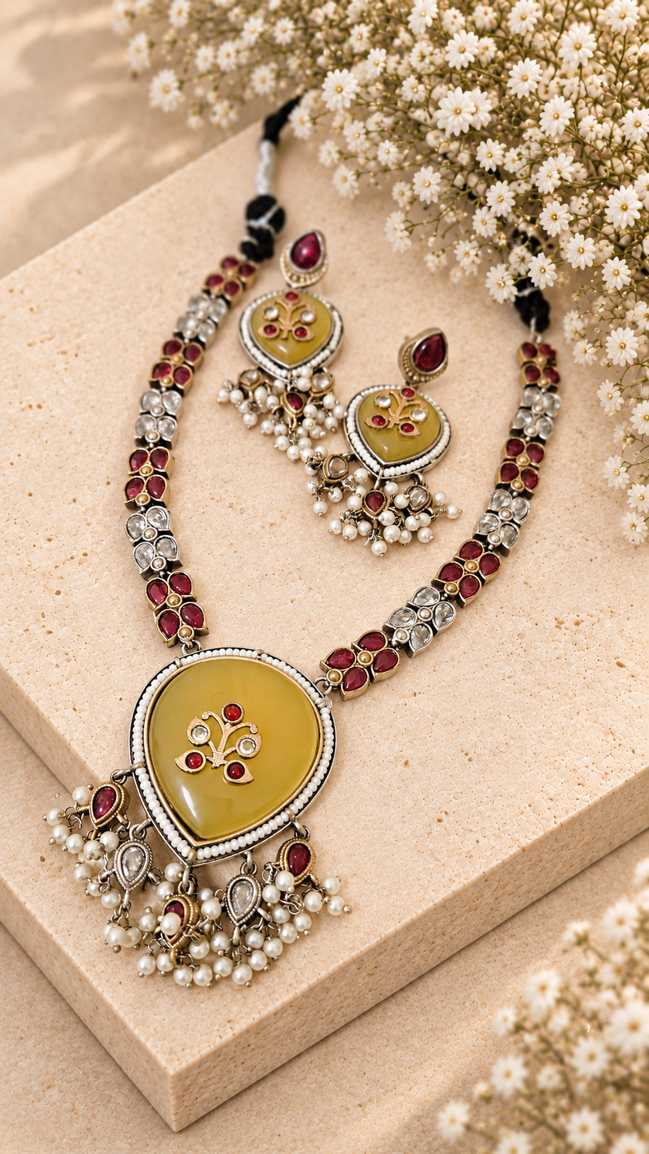 Silver Look Alike Monalisa Stone Necklace Set, Yellow colour, on beige square stone with small white flowers.