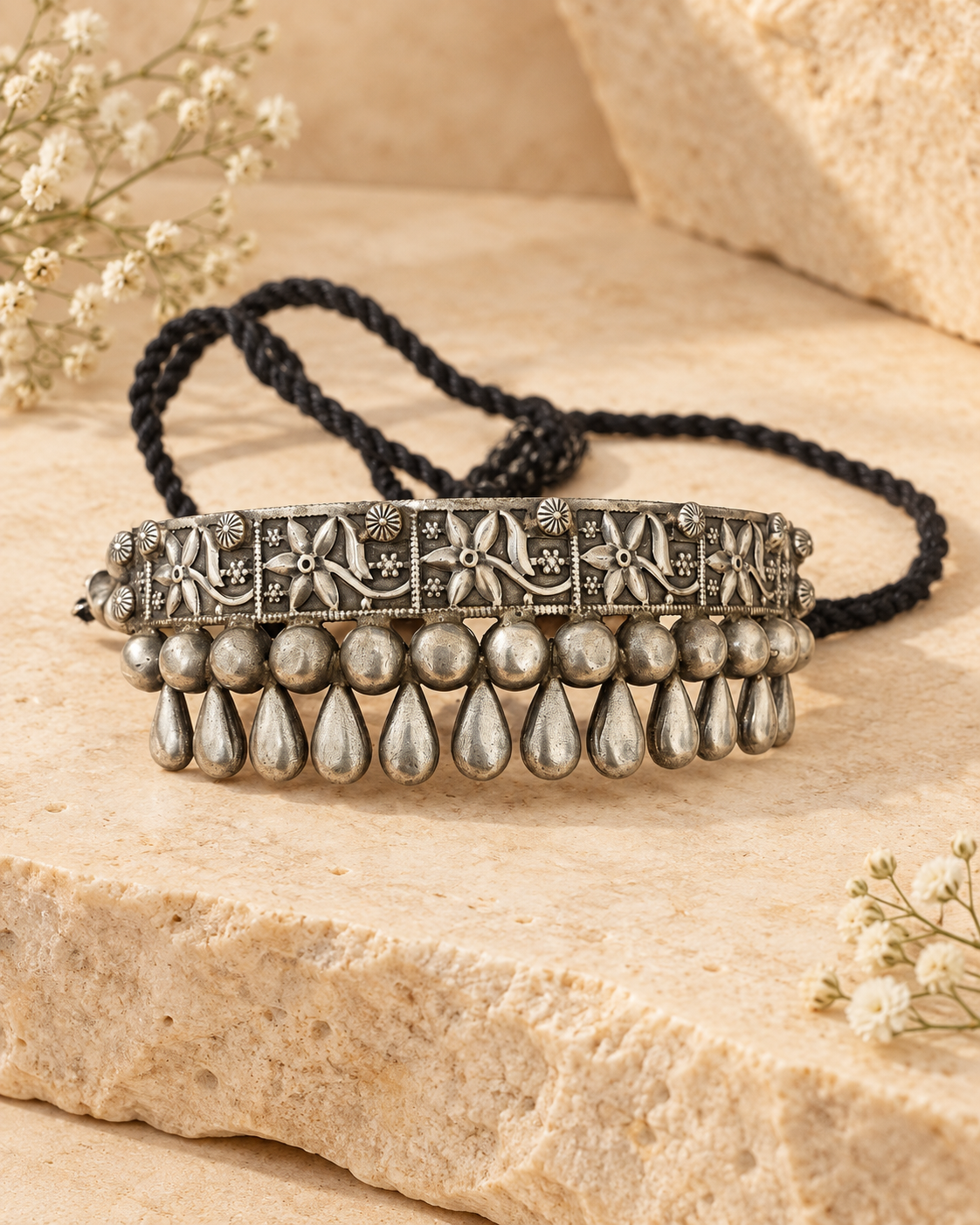 Floral Drop Silver Lookalike Brass Choker