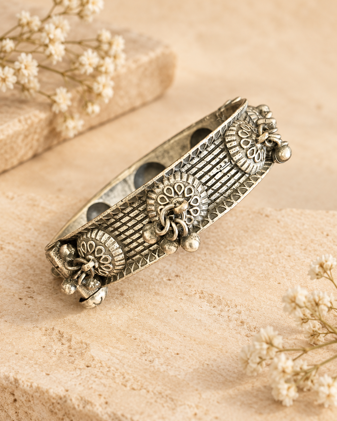 Floral Charm Silver Lookalike Openable Kada