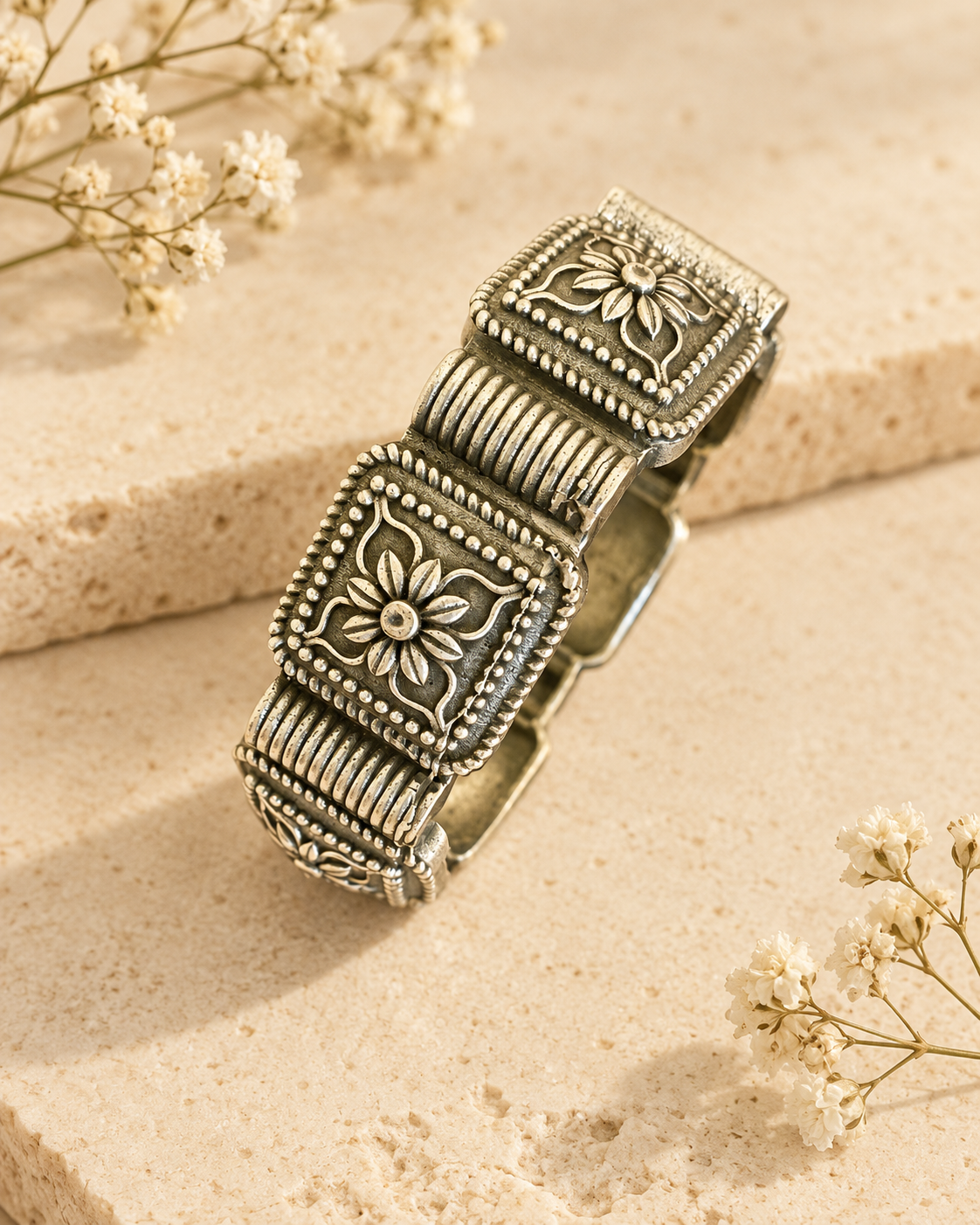 Floral Panel Silver Lookalike Openable Kada