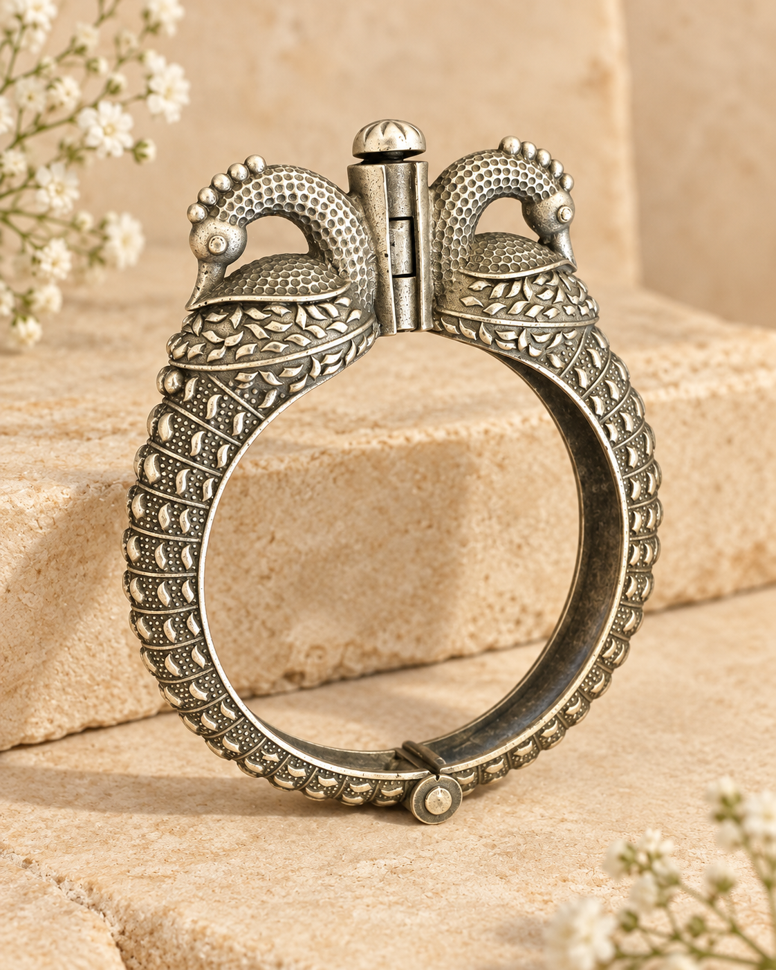 Twin Peacock Silver Lookalike Openable Kada