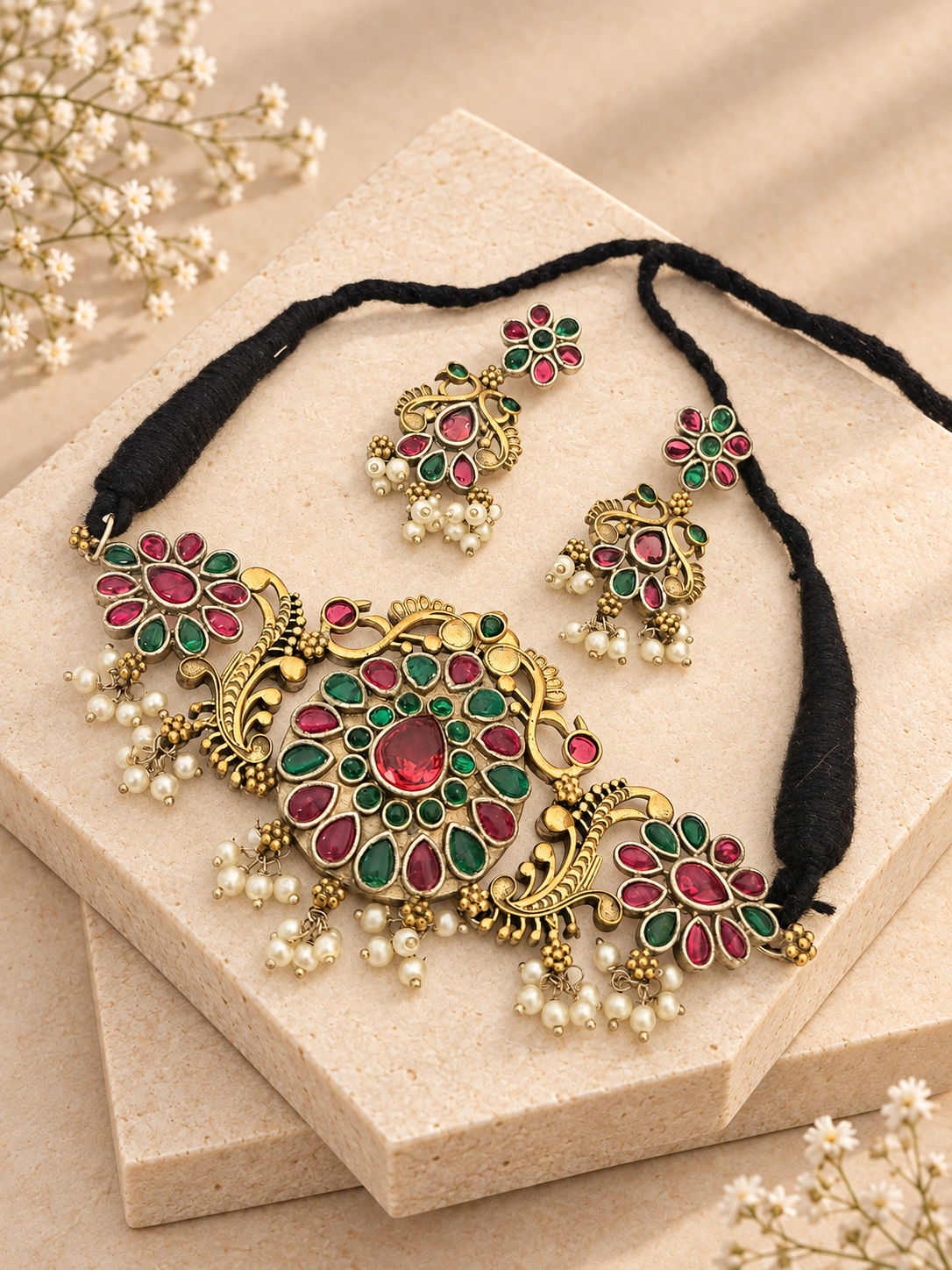 Red and green silver-look choker with pearl clusters on beige square stone slabs