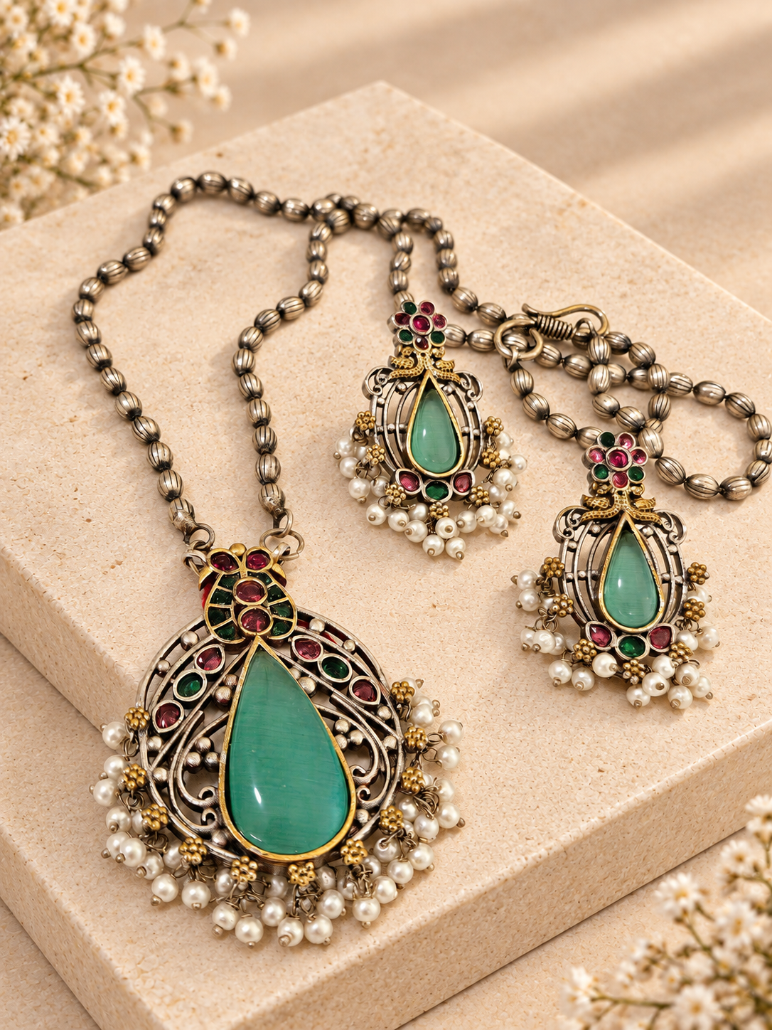 Silver Replica Dual Tone Monalisa Stone Chain Pendant Set, Sea Green colour, on beige square stone with small white flowers.