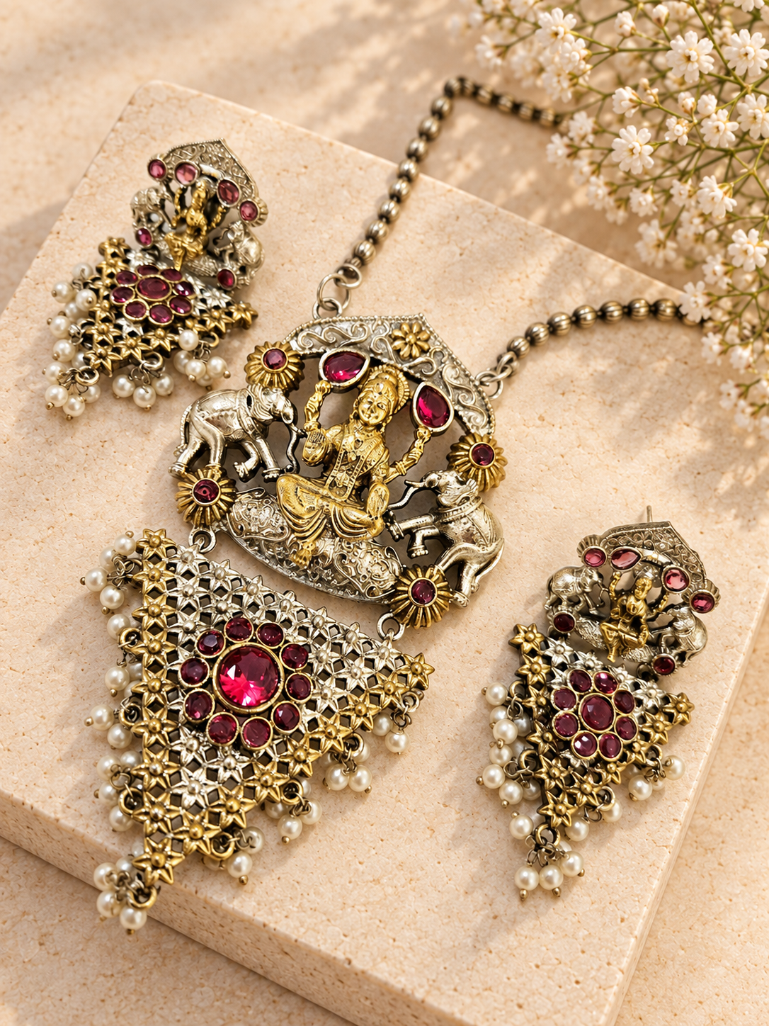 Silver Replica Dual Tone Monalisa Stone Lakshmi Pendant Set, Red colour, on beige square stone with small white flowers.