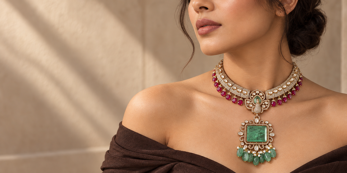 Model wearing Aara statement necklace with a green pendant and a softly draped brown dress