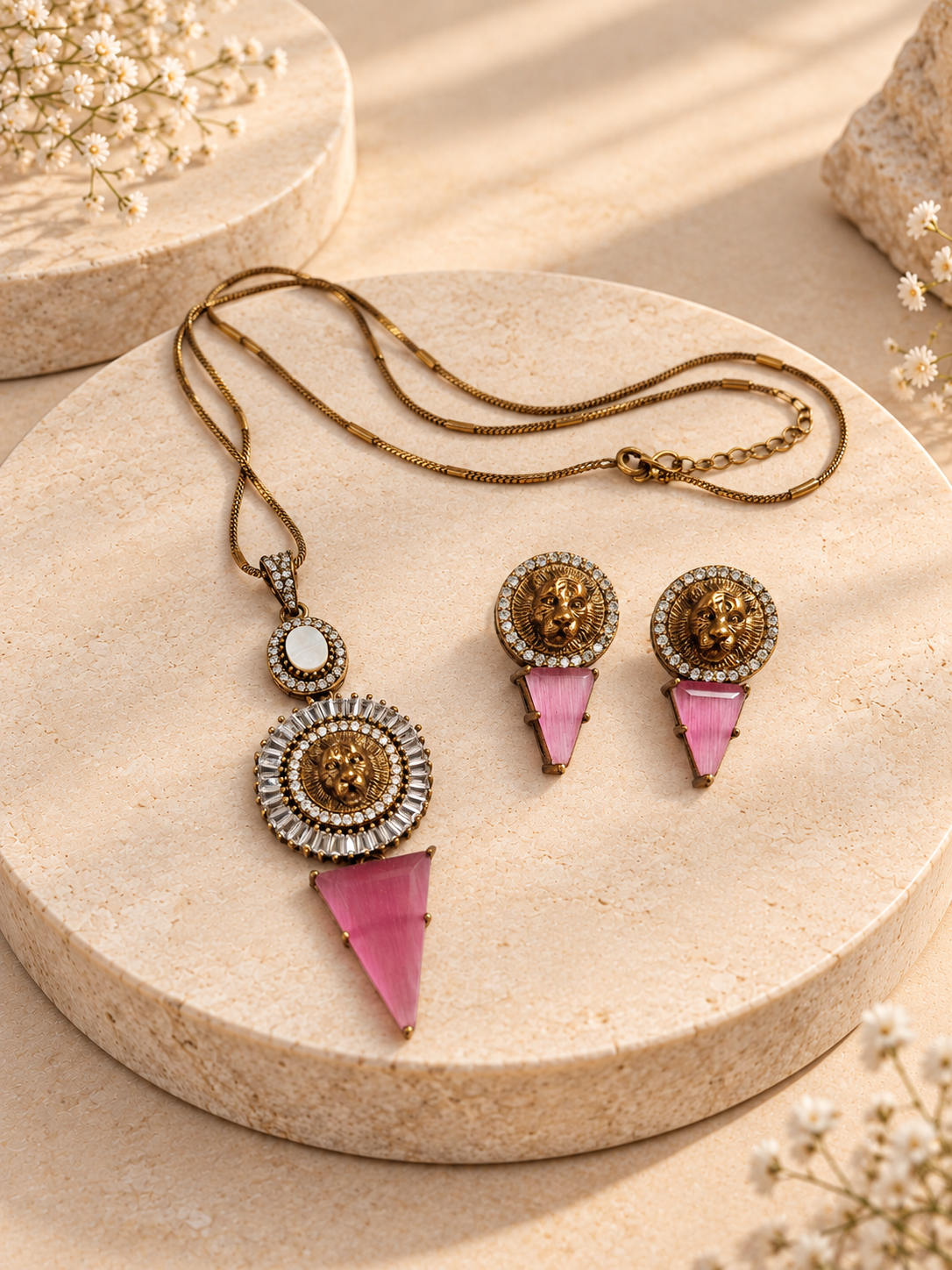 Tiger-head pendant necklace and matching earrings with pink triangular stones on creamy beige stone.