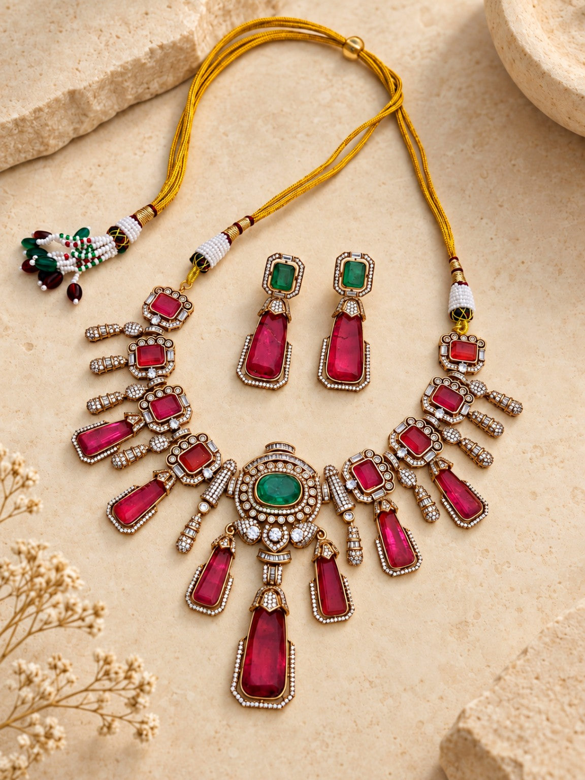 Victorian doublet stone AD necklace set full product view on beige stone background