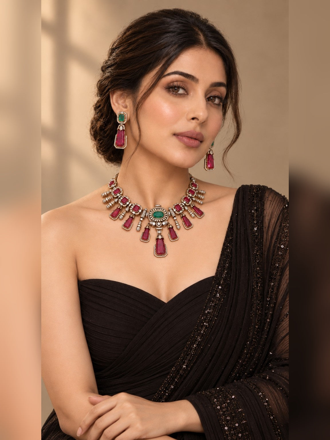 Model wearing Victorian doublet stone AD necklace set with earrings