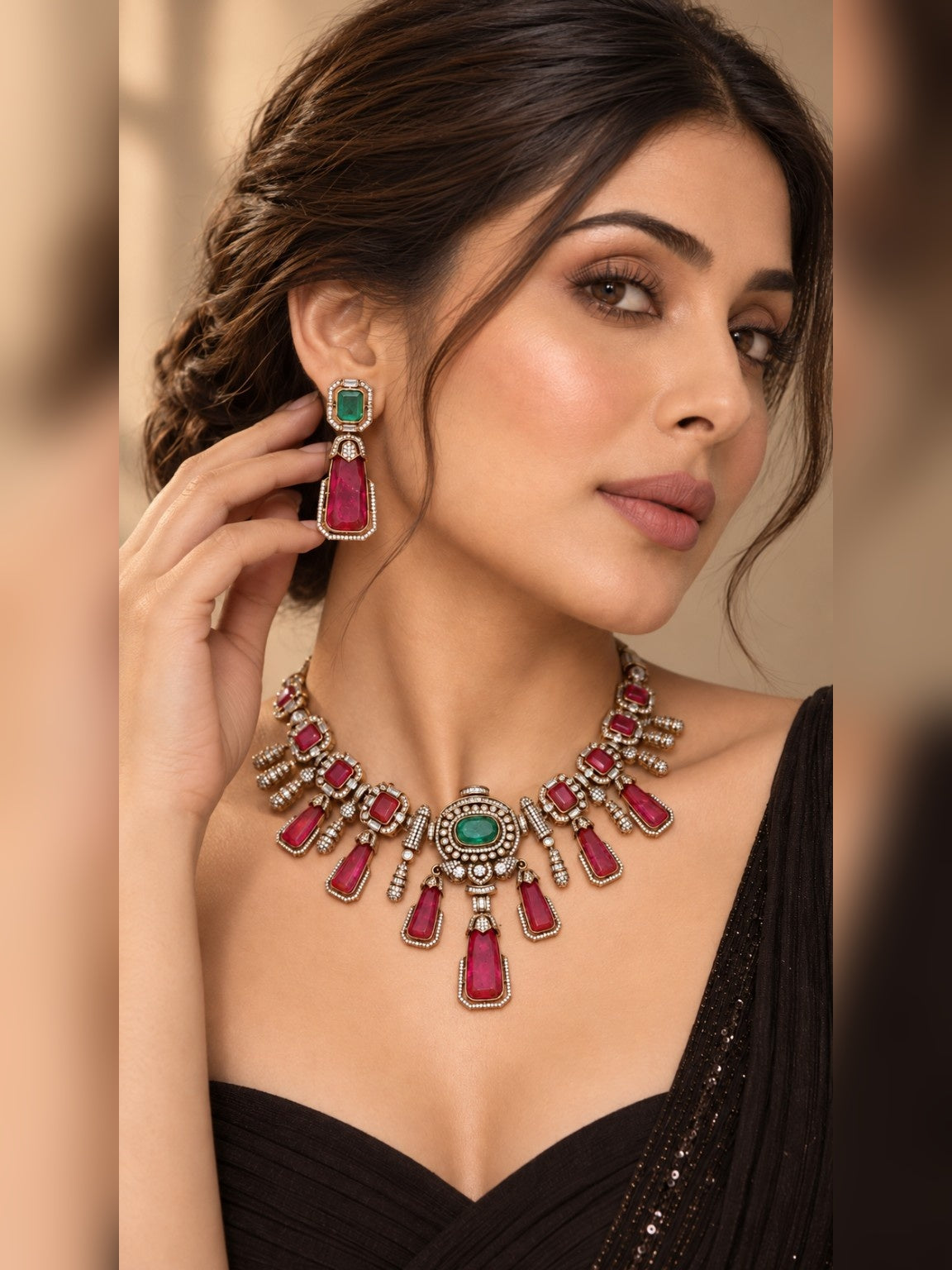 Close model styling of Victorian doublet stone AD necklace set