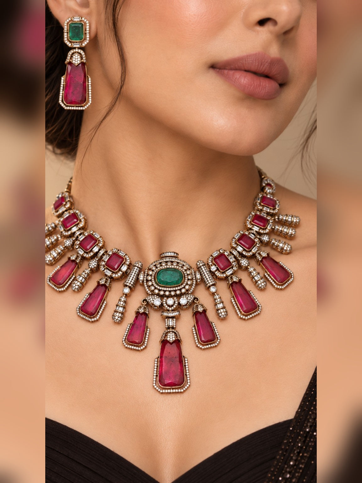 Close-up model view of Victorian doublet stone AD necklace set