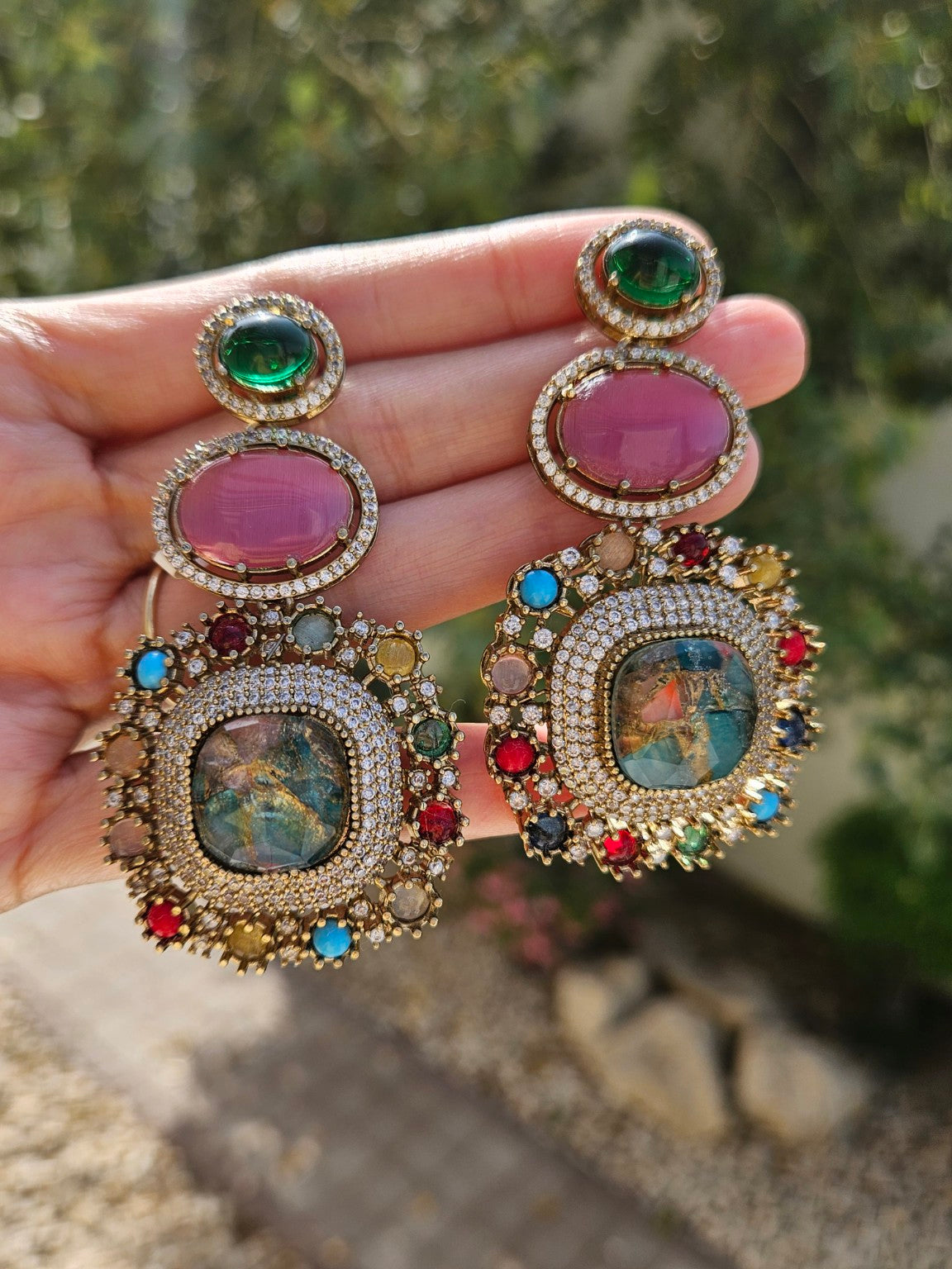 Fire Doublet Stone Statement Earrings – multicolor variant, natural daylight view