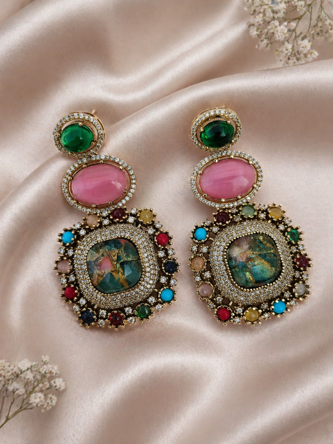 Fire Doublet Stone Statement Earrings – multicolor variant, studio view