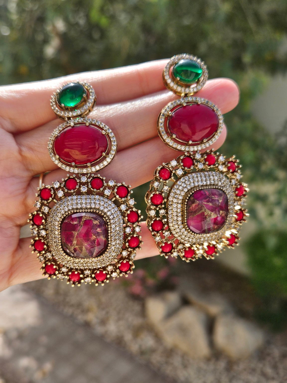 Fire Doublet Stone Statement Earrings – Ruby, natural daylight view