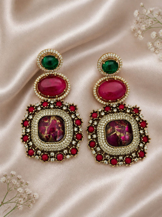 Fire Doublet Stone Statement Earrings – Ruby, studio view