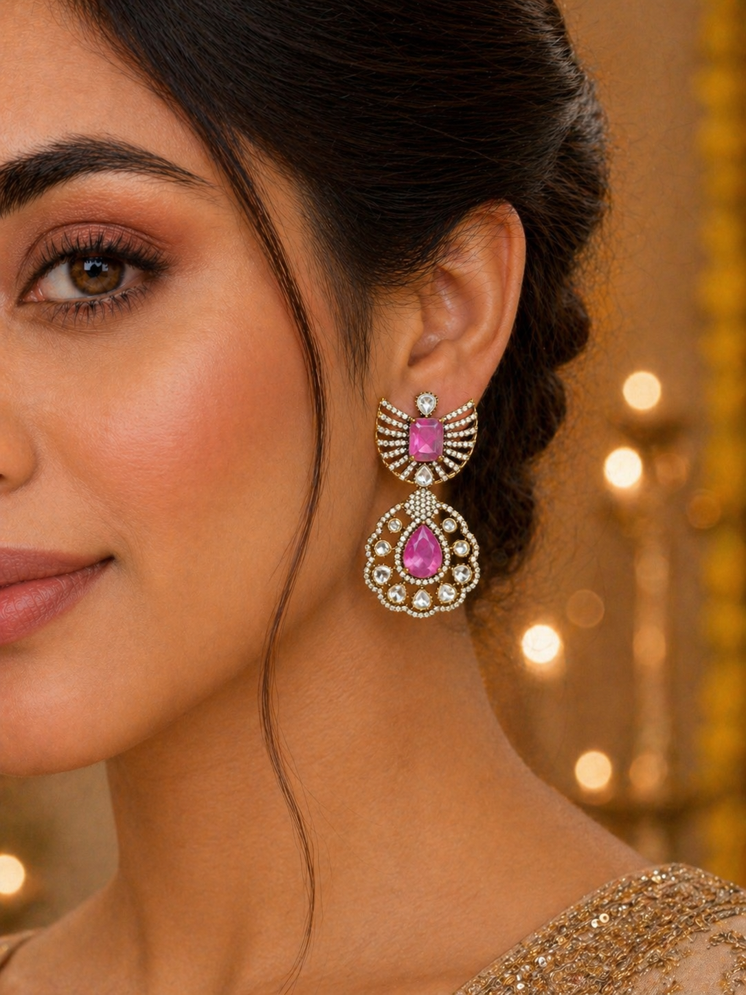 kundan AD stone earrings gold tone close up