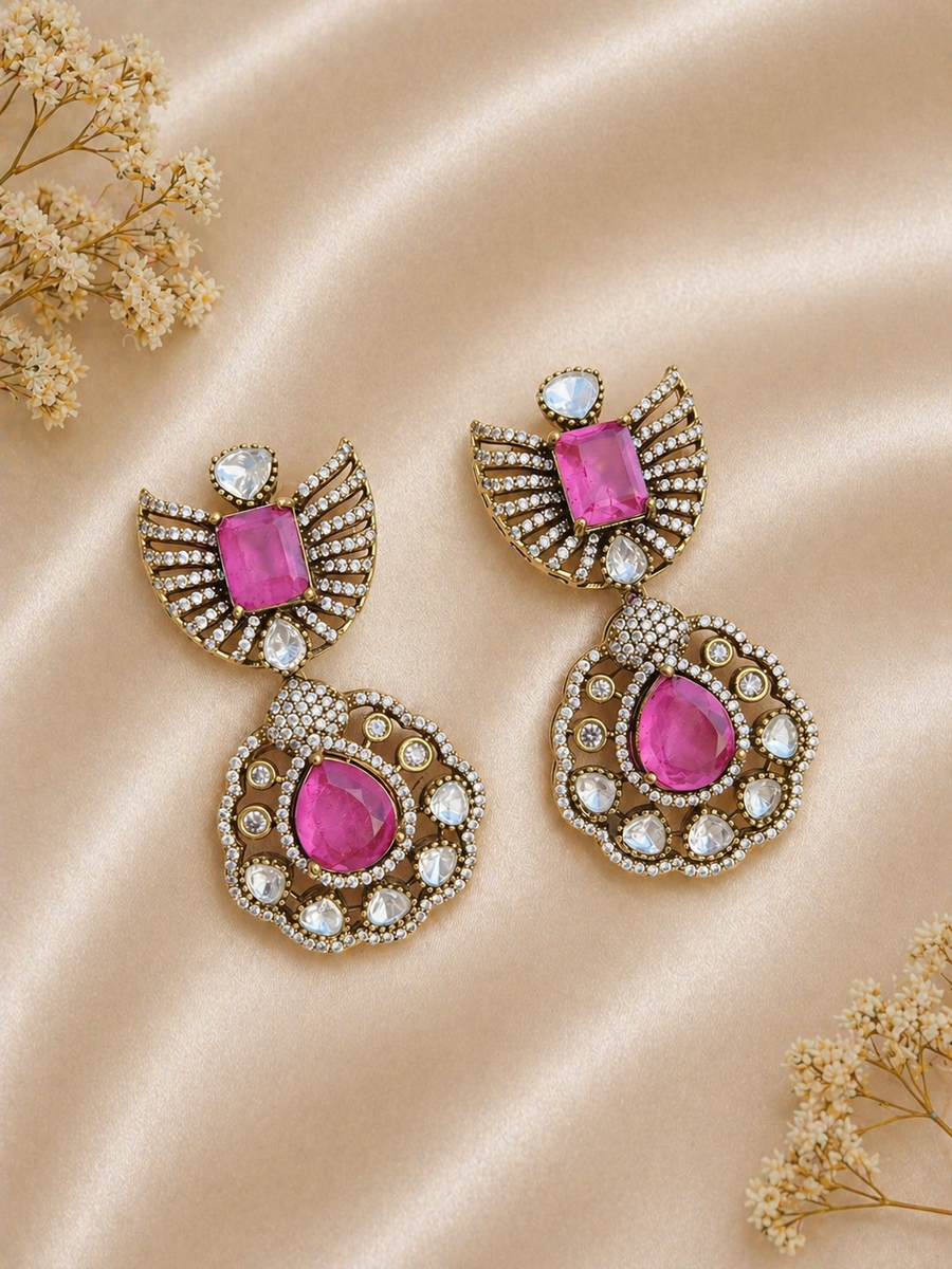 Aara Festive Kundan Doublet Stone Statement Earrings with AD – Indian Wedding & Indo-Western Party Wear