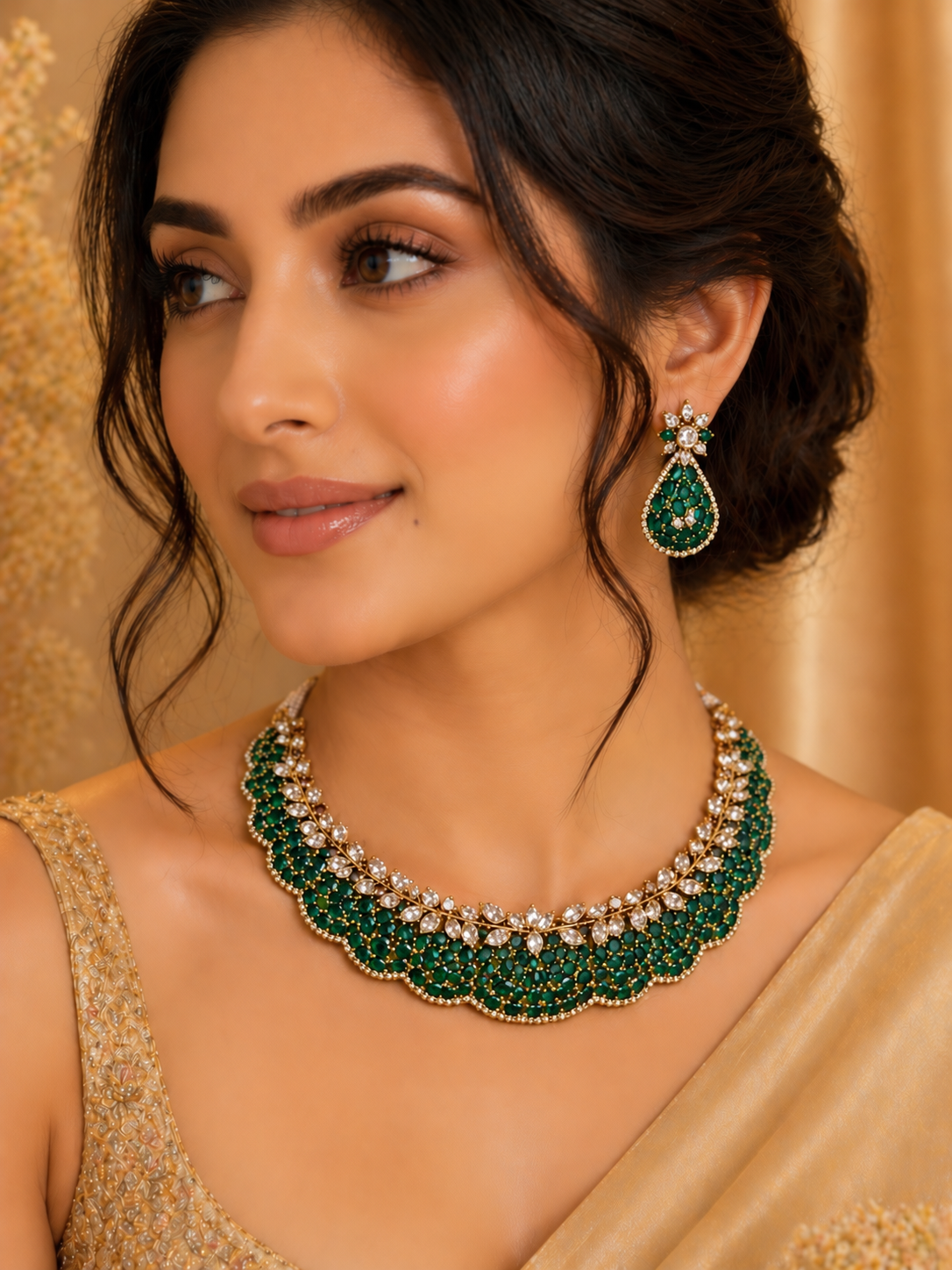 Model wearing green Moissanite Polki necklace set with matching earrings