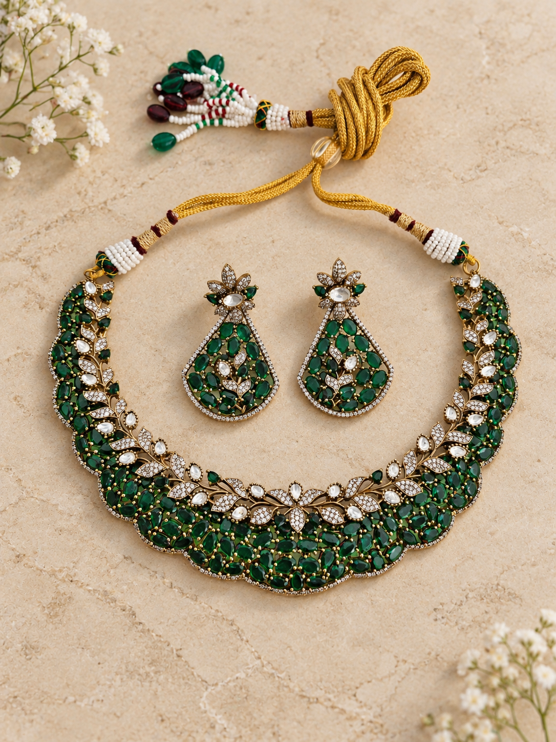 Green Moissanite Polki necklace set with AD detailing and Pota stone