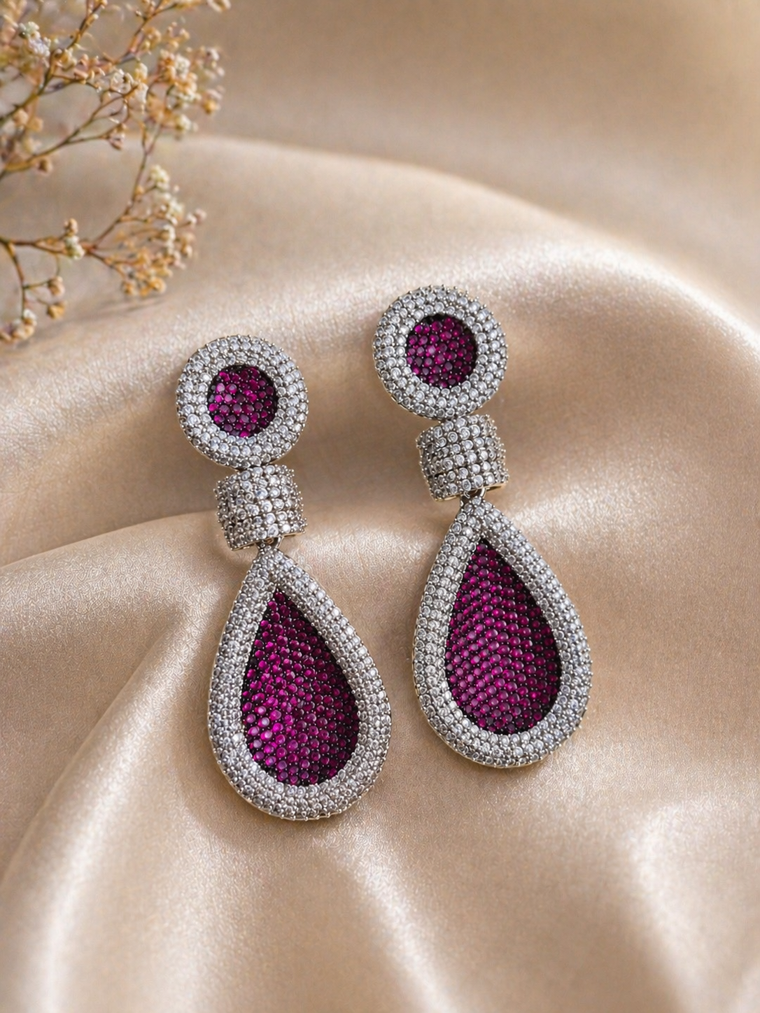 partywear-earrings-rhodium-dubai-Dark Pink