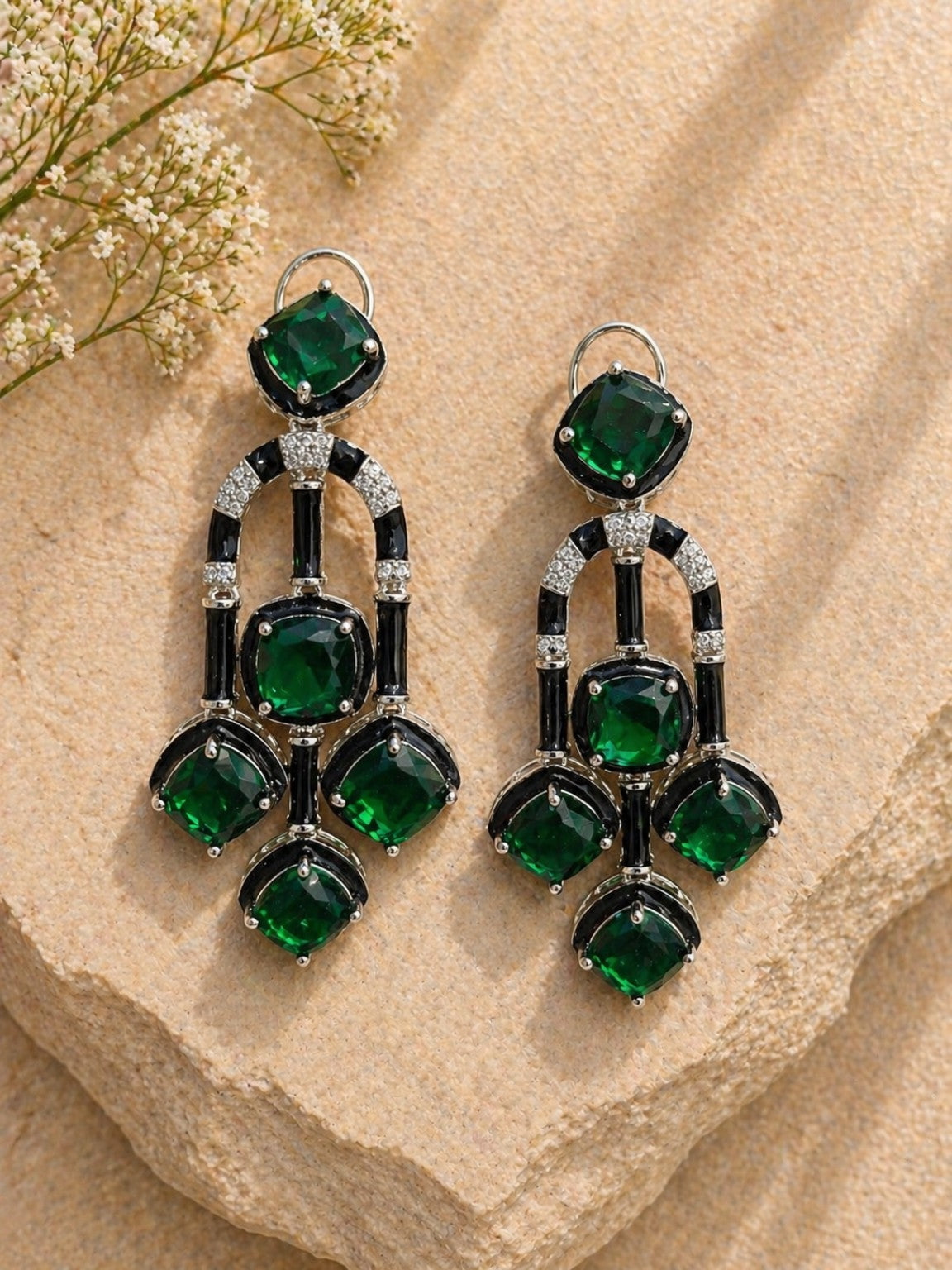 Green premium cut stone enamel statement earrings product view