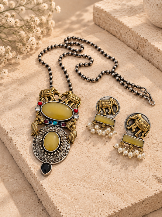 Dual Tone Elephant Pendant Set with Earrings
