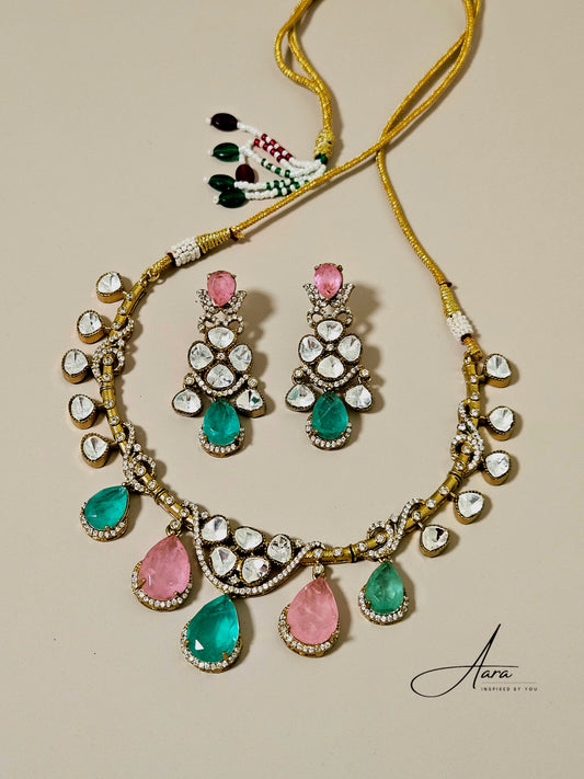 Moissanite Polki Kundan Hasli Style Necklace Set with Doublet Stone