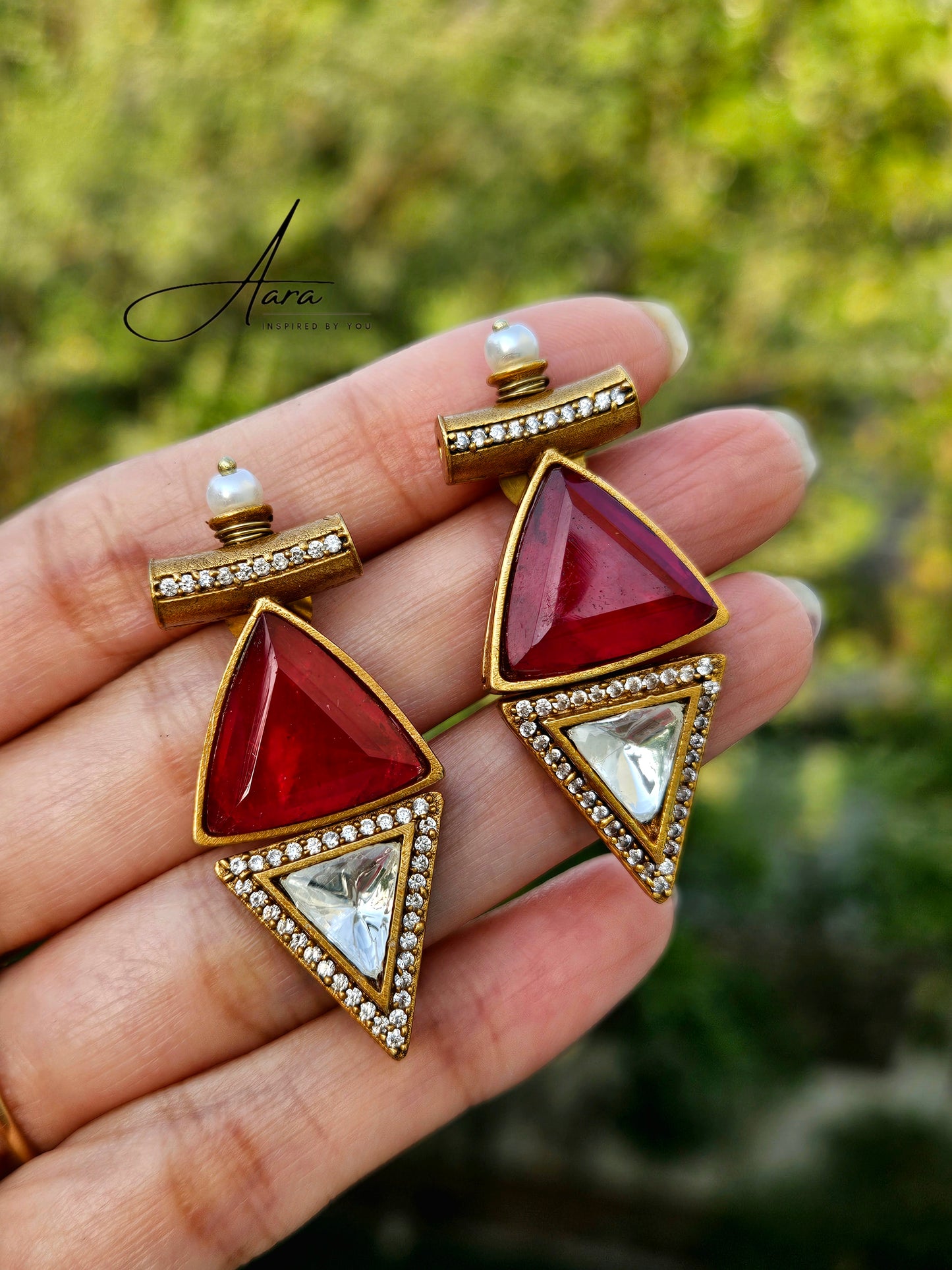 Moissanite Polki Kundan with Doublet Stone Triangular Earrings