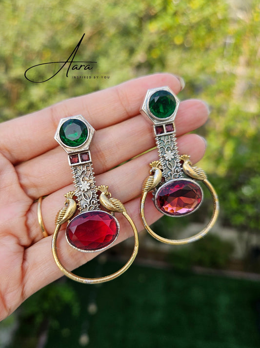 Silver Look Alike Dual Tone Stone Earrings Peacock Design