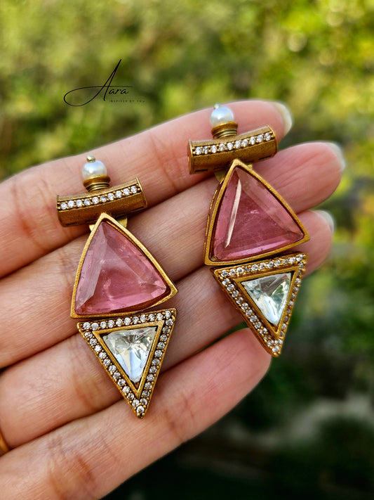 Moissanite Polki Kundan with Doublet Stone Triangular Earrings