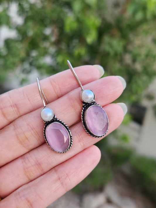 Silver Look Alike Hook Earrings Pearl with Cut Stones