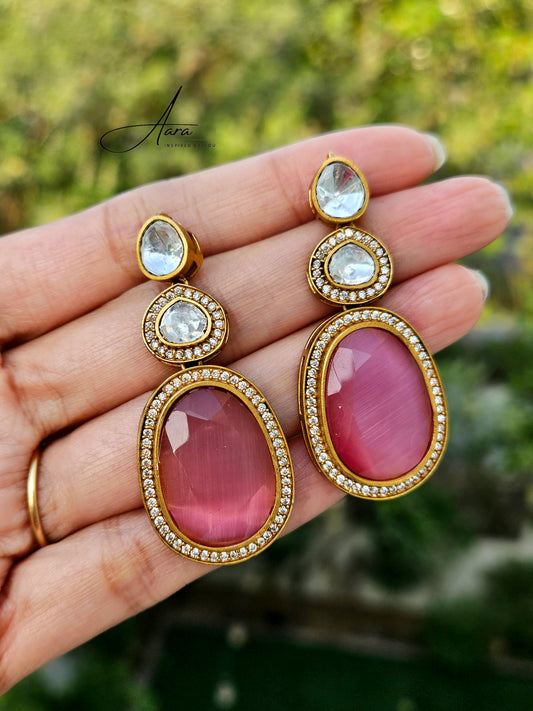 Moissanite Polki Kundan Monalisa Stone Earrings Oval