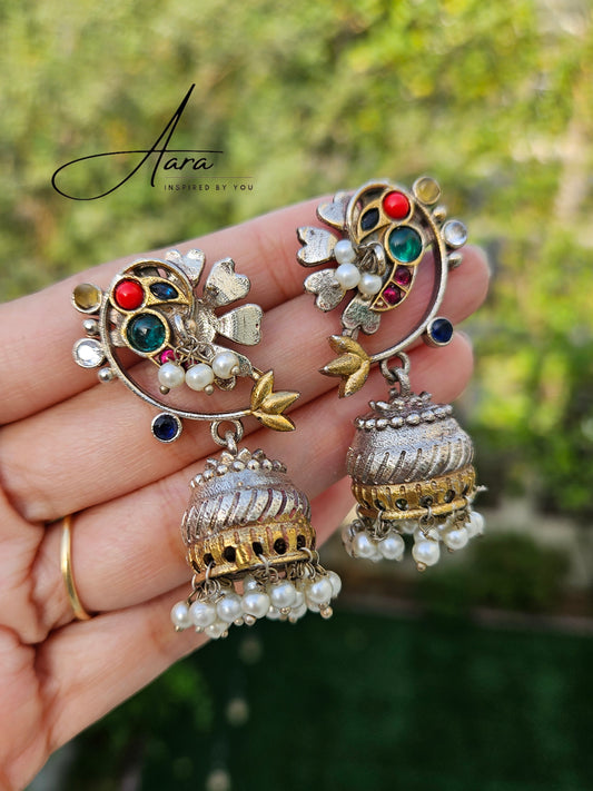 Silver Look Alike Dual Tone Jumka Earrings