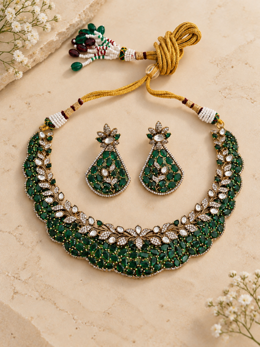 Green Moissanite Polki Necklace Set with AD Detailing & Pota Stone