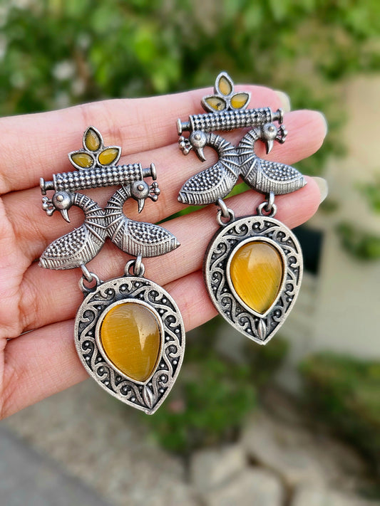 Silver Look Alike Monalisa Stone Peacock Danglers Earrings