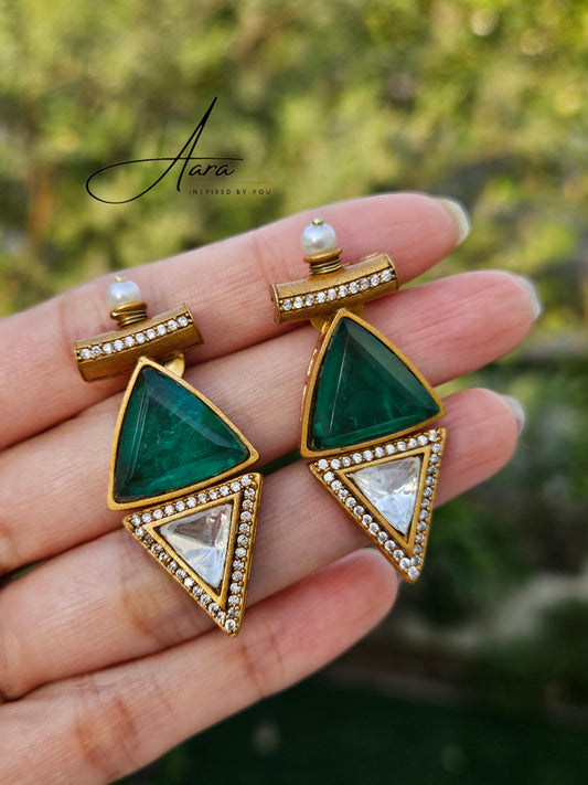 Moissanite Polki Kundan with Doublet Stone Triangular Earrings
