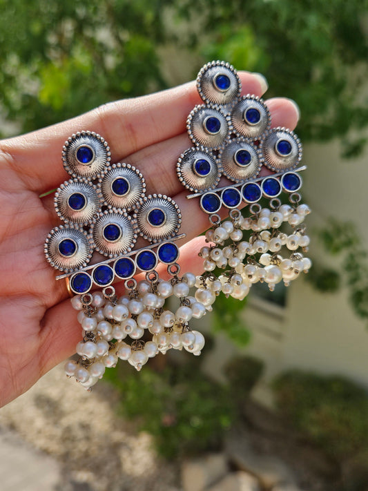 Silver Look Alike Pearl Hangings Earrings - Blue