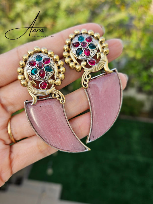 Silver Look Alike Monalisa Stone Dual Tone Earrings