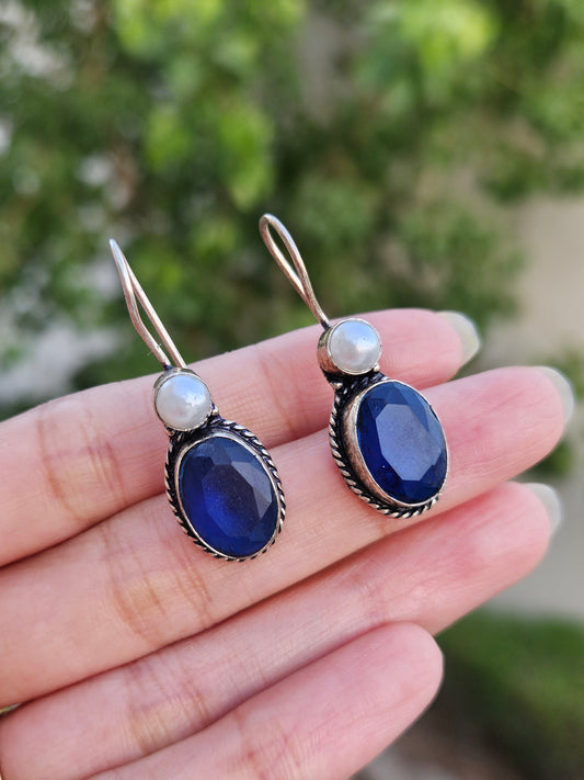 Silver Look Alike Hook Earrings Pearl with Cut Stones