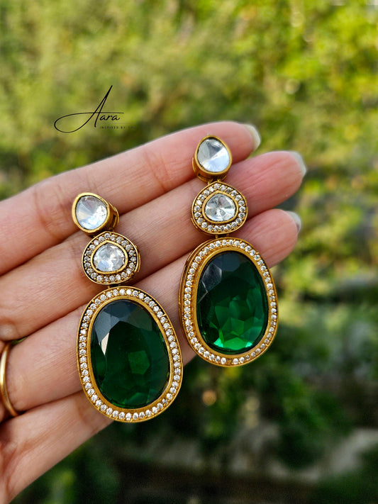 Moissanite Polki Kundan Monalisa Stone Earrings Oval