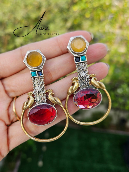 Silver Look Alike Dual Tone Stone Earrings Peacock Design
